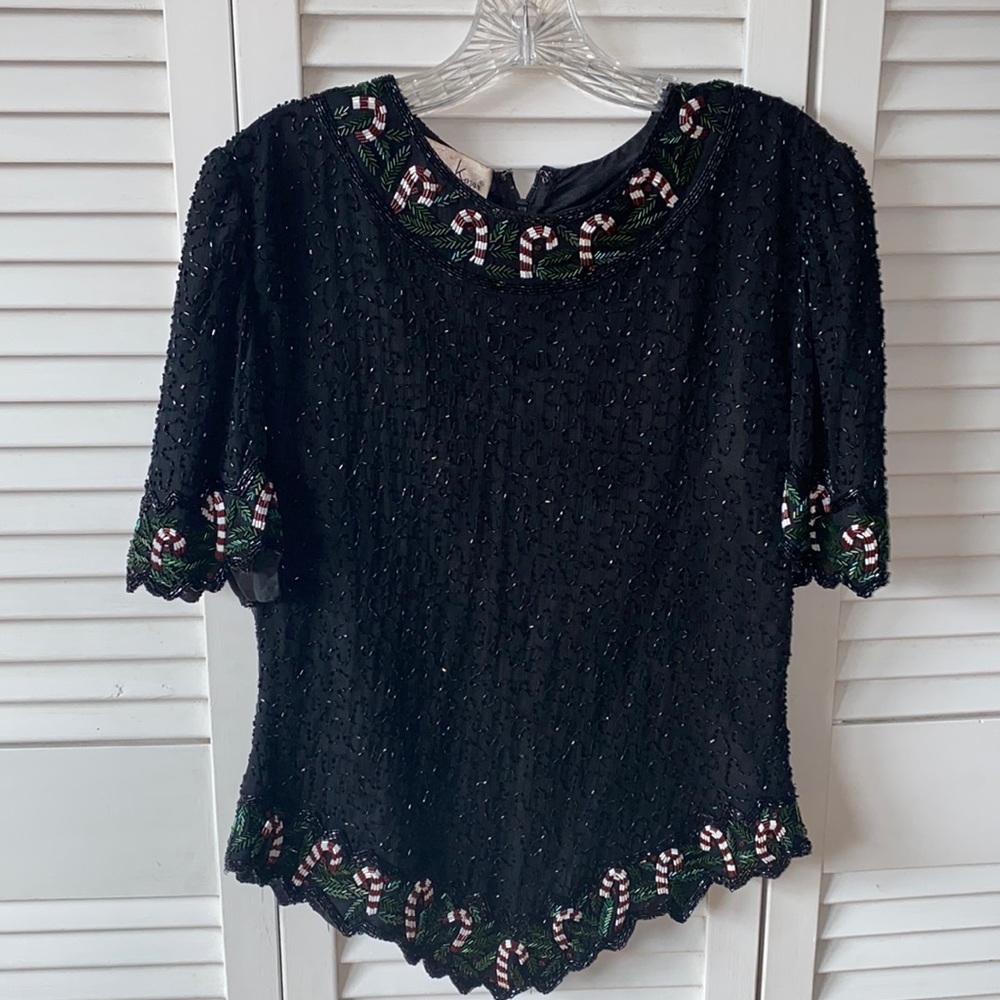 Vintage Laurence Kazar Beaded Candycane Top Size Large